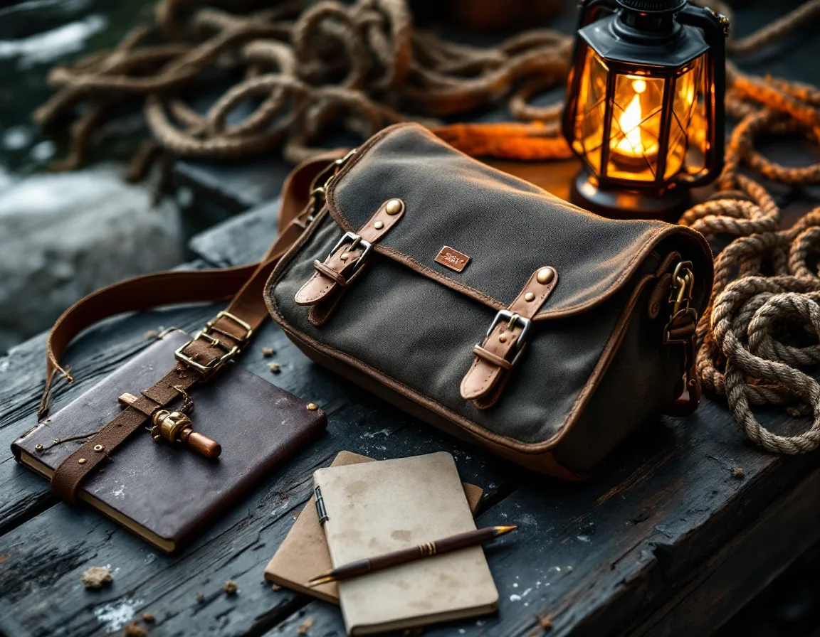 A canvas bag with copper rivets on a dark wooden dock