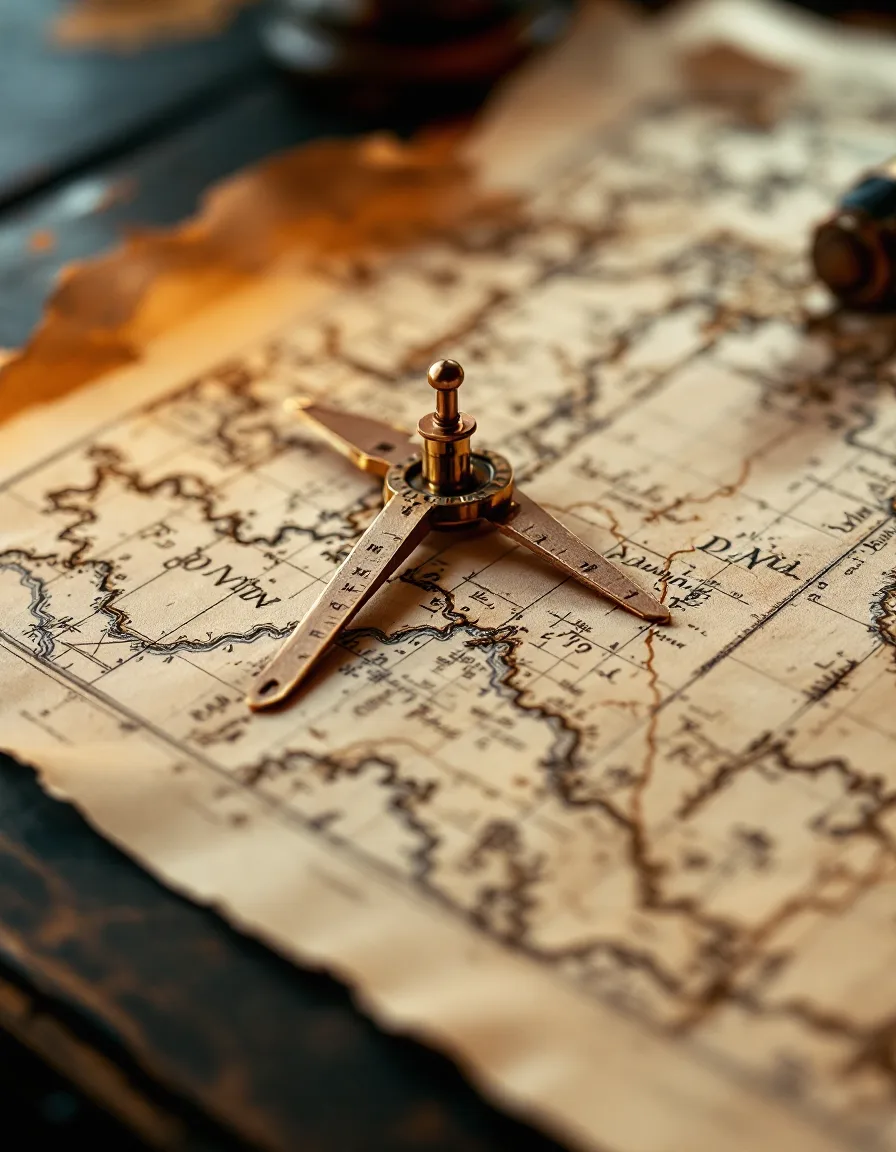 A hand-inked chart with a copper divider and a brass pin