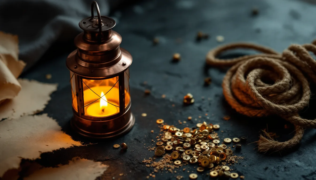A hammered copper lantern glowing on a charcoal slate beside rope and brass rivets